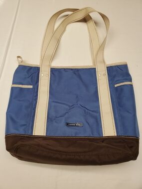 Lands End Canvas Tote Bag Blue Coastal Preppy Zip Top Work Travel Everyday